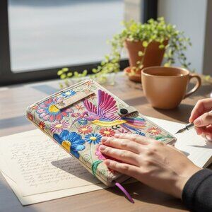 Mexicana Embroidered Tan with Pink & Yellow Bird & Flower Notebook with Pen- New